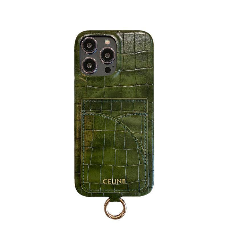 Pouzdro na iPhone Alligator Print Celine s držákem karty a popruhem hnědé -EYP241415