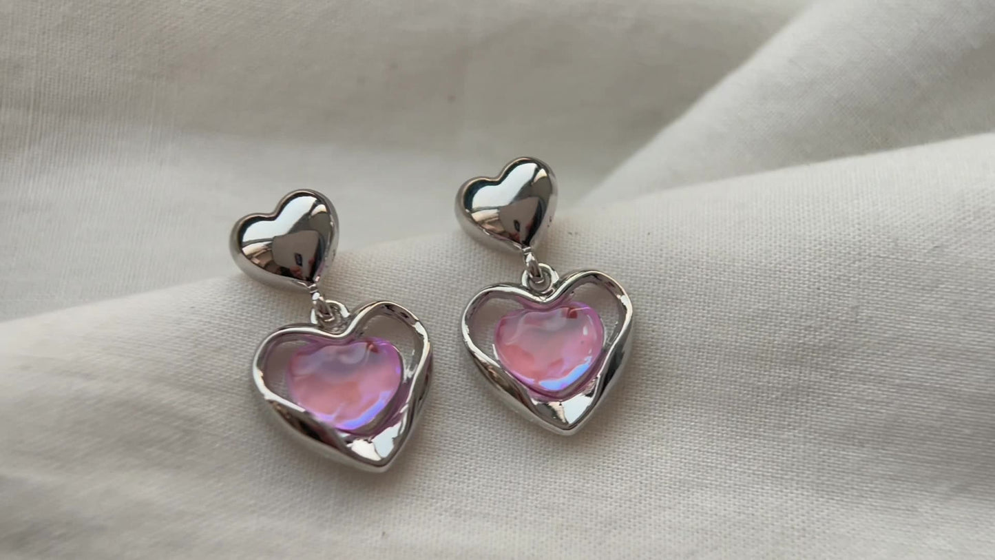 Iridescent Pink Heart Drop Náušnice – French Sweet Chic s doplňky Edgy Twist
