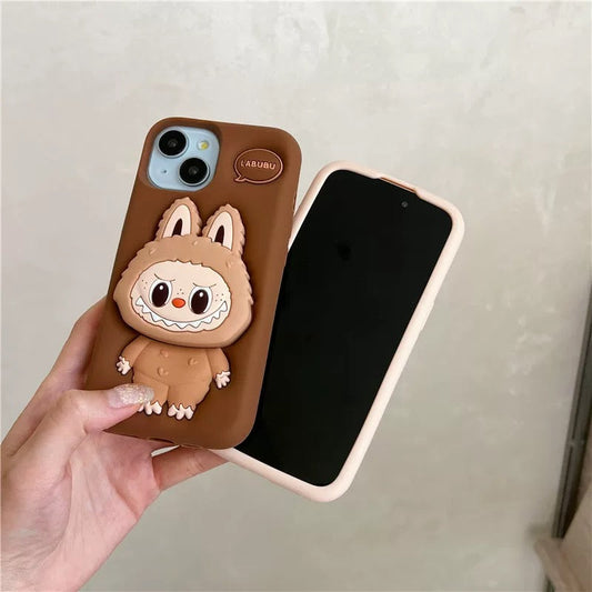 Roztomilý kreslený Labubu Zimomo silikon se stojánkem | Hnědý/růžový - obal na iPhone