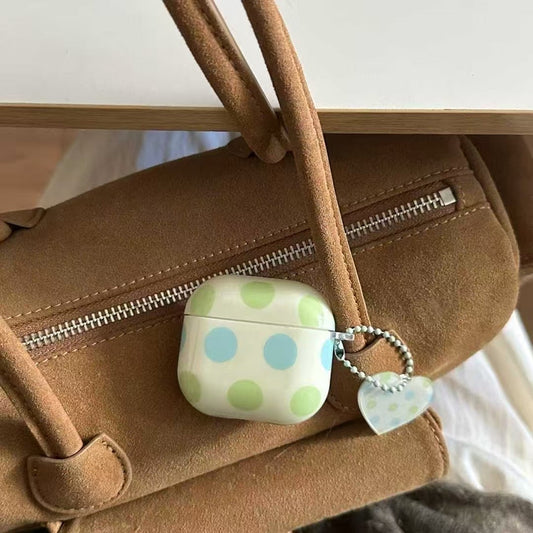 Polka Dot AirPods etui med hjerte charme – pastelblå & grøn