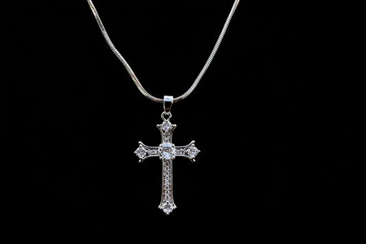 Pavé Cross–Inspired Titanium Necklace Full CZ Detail · Adjustable Chain · Clean Statement