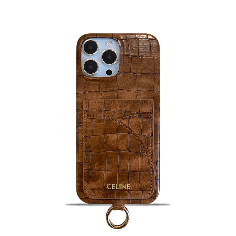 Pouzdro na iPhone Alligator Print Celine s držákem karty a popruhem hnědé -EYP241415