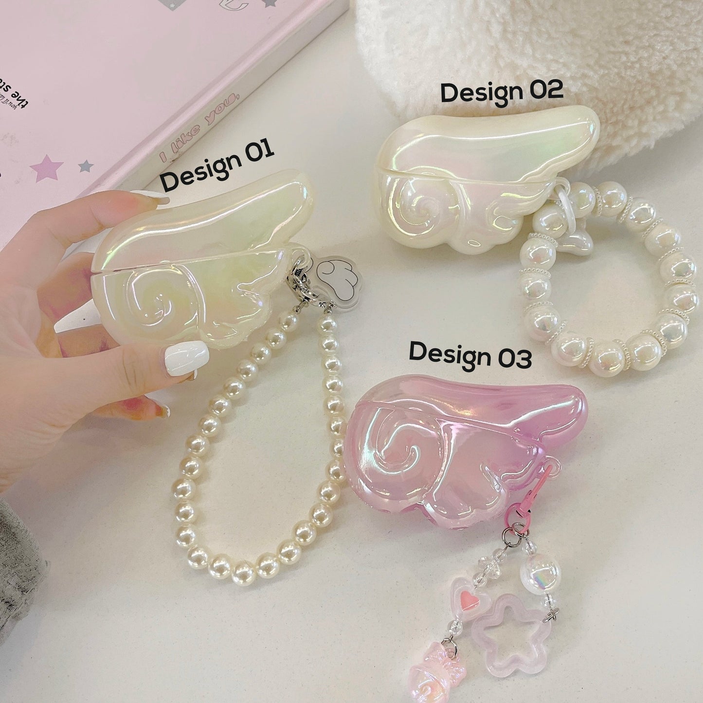 Pouzdro na AirPods Angel Wing s perleťovým & korálkovým kouzlem