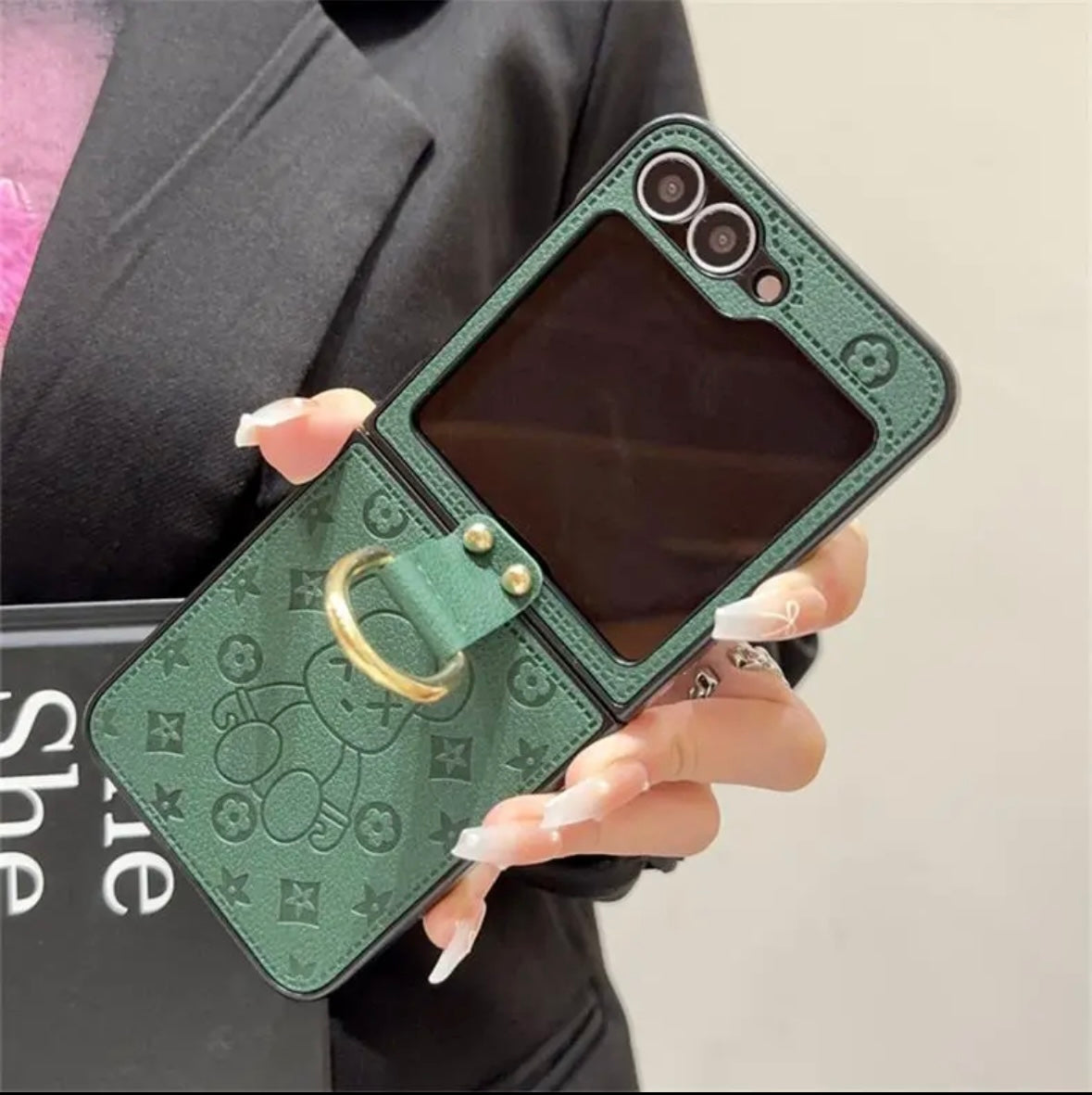 "Samsung Z Flip series kožené skládací pouzdro na mobilní telefon proti pádu, s designem prstencové přezky"