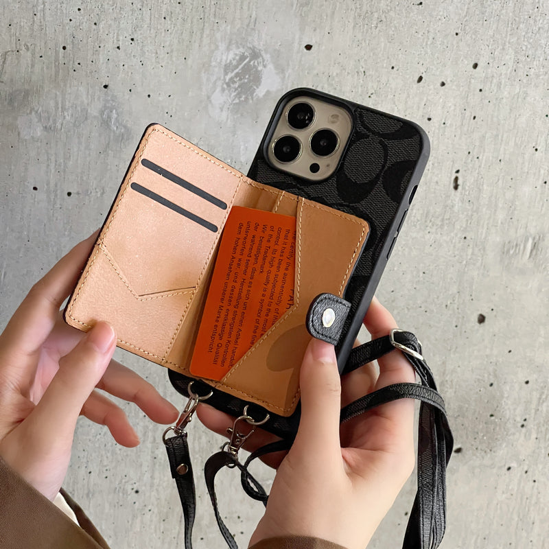 Klasické pouzdro na iPhone s peněženkou a popruhem hnědé -SZK240402