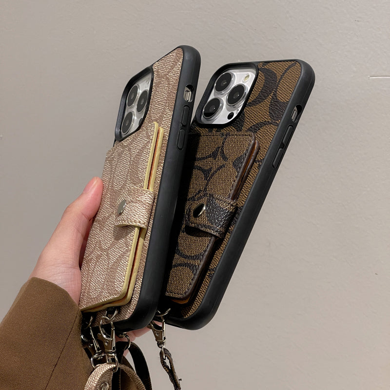 Klasické pouzdro na iPhone s peněženkou a popruhem hnědé -SZK240402