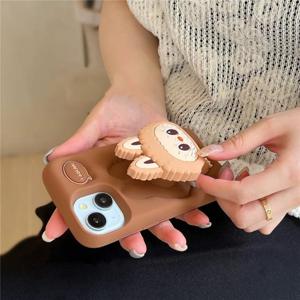 Roztomilý kreslený Labubu Zimomo silikon se stojánkem | Hnědý/růžový - obal na iPhone