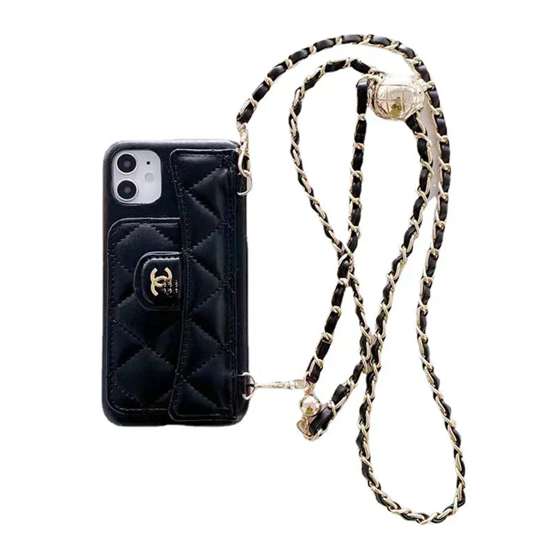 Luxusní peněženkové pouzdro na iPhone s řetízkem na ruku/přes tělo