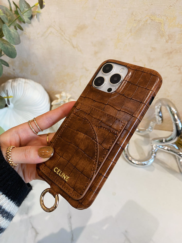 Pouzdro na iPhone Alligator Print Celine s držákem karty a popruhem hnědé -EYP241415