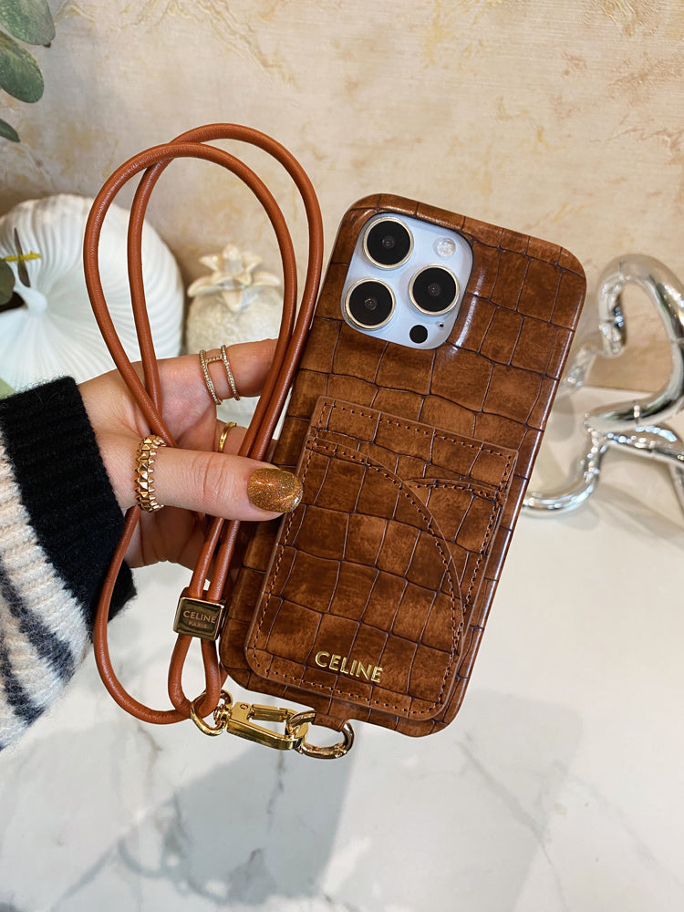 Pouzdro na iPhone Alligator Print Celine s držákem karty a popruhem hnědé -EYP241415