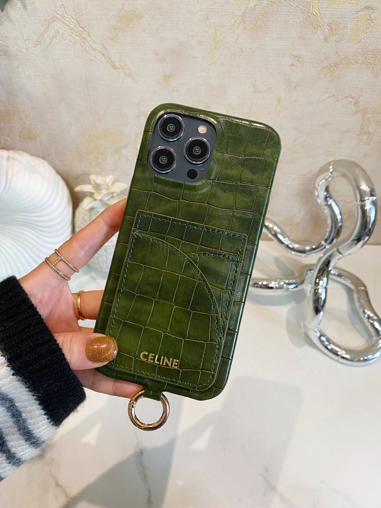Pouzdro na iPhone Alligator Print Celine s držákem karty a popruhem zelené -EYP241415