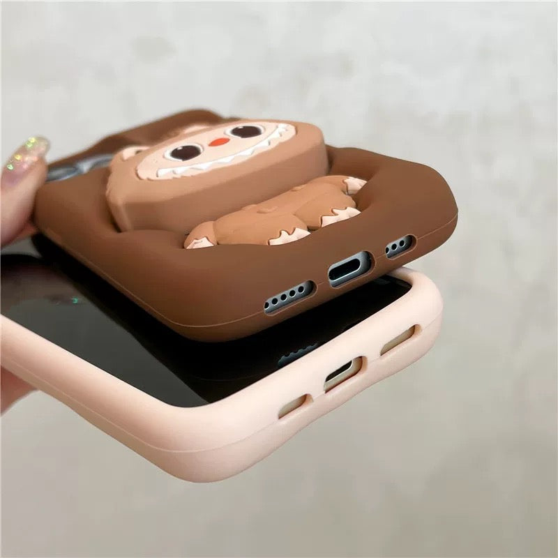 Roztomilý kreslený Labubu Zimomo silikon se stojánkem | Hnědý/růžový - obal na iPhone