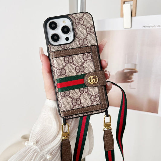 Capa clássica para iPhone com corrente de bolsa de cartão premium