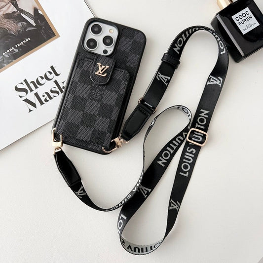 Capa luxuosa preta para iPhone com bolsa de cartão crossbody branca