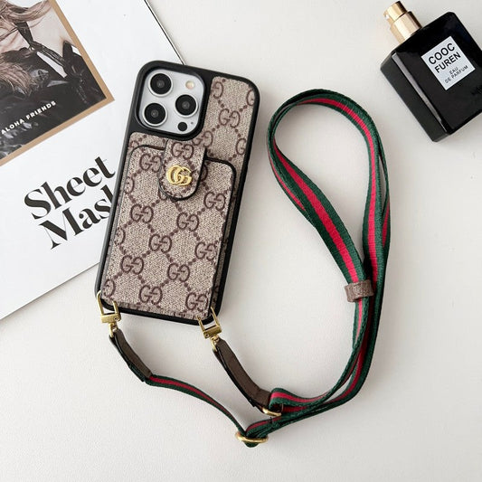 Capa para iPhone com corrente crossbody com bolsa de cartão premium