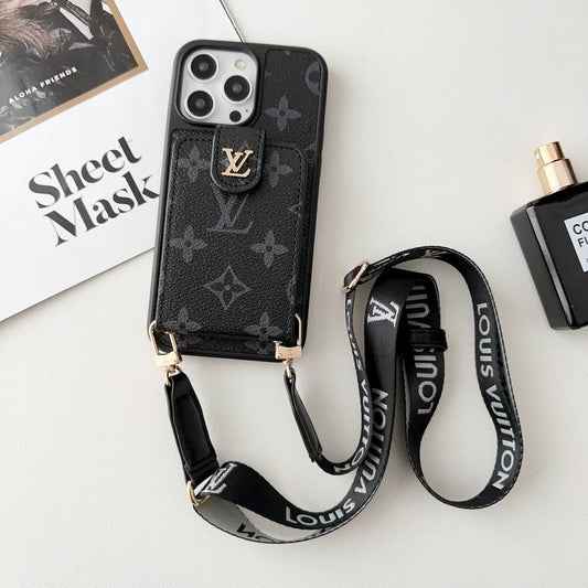Capa luxuosa preta para iPhone com bolsa de cartão crossbody branca