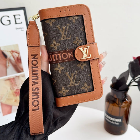 Capa carteira luxuosa com padrão de luxo para iPhone com suporte para cartão e alça