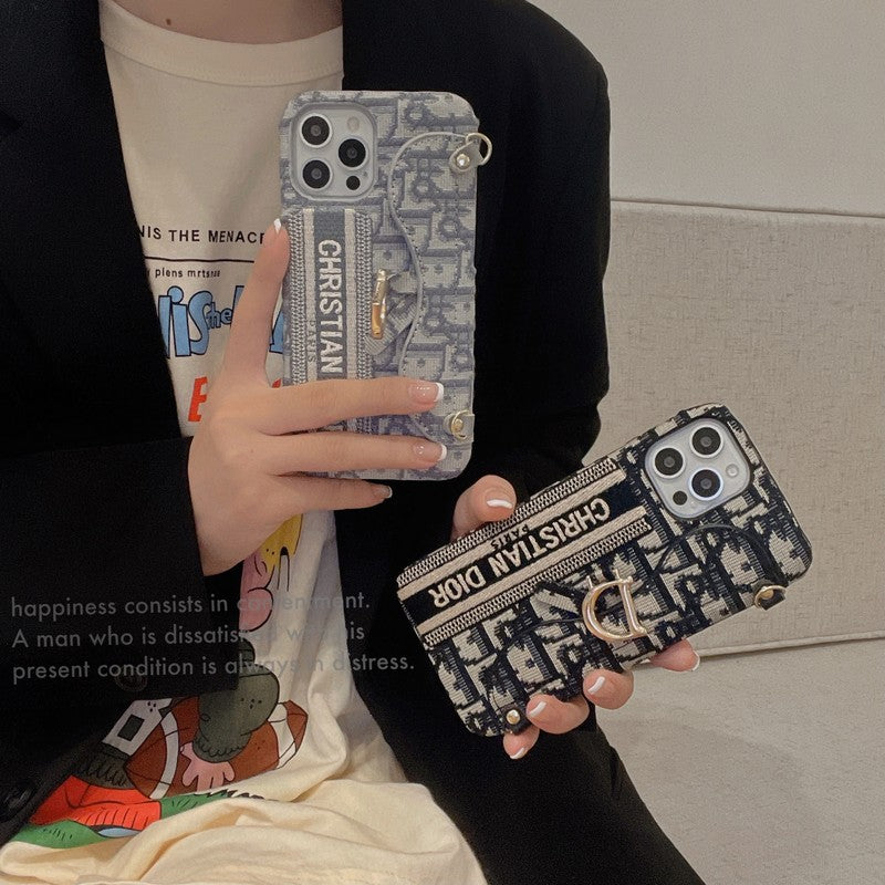 Módní černá & šedá látková taška na karty Crossbody pouzdro na iPhone