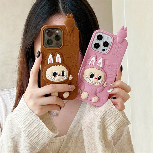 Capa de silicone 3d Labubu bonito dos desenhos animados | Rosa Marrom - Capa para iPhone