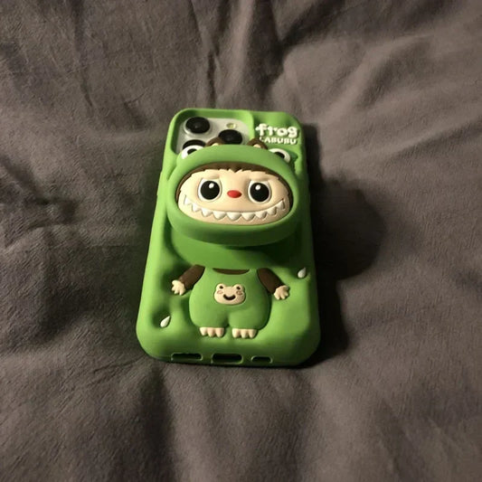 Silicone bonito dos desenhos animados Labubu Zimomo com suporte | Marrom/Rosa - Capa para iPhone