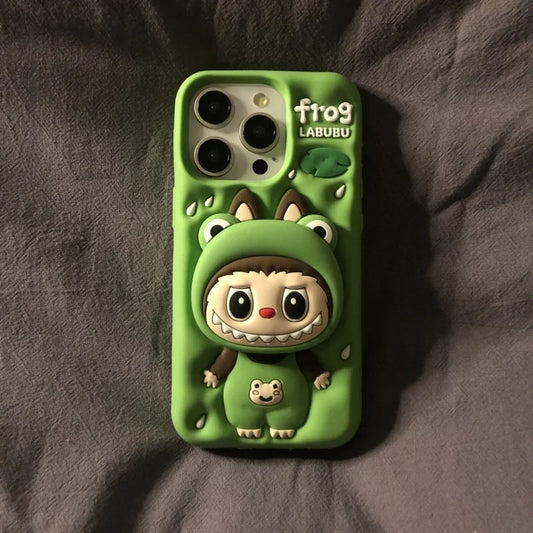 Silicone bonito dos desenhos animados Labubu Zimomo com suporte | Marrom/Rosa - Capa para iPhone