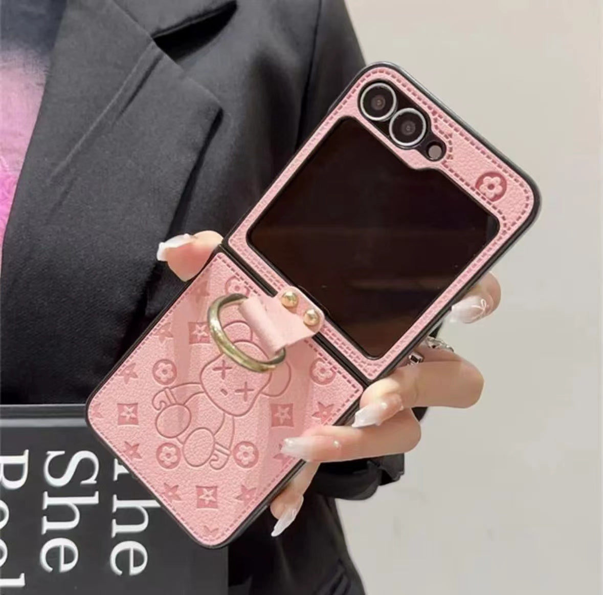 "Samsung Z Flip series kožené skládací pouzdro na mobilní telefon proti pádu, s designem prstencové přezky"