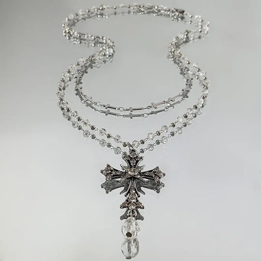 Iced Double Chain Cross Necklace – Crystal Beads & Statement Shine, Bold Luxury Look