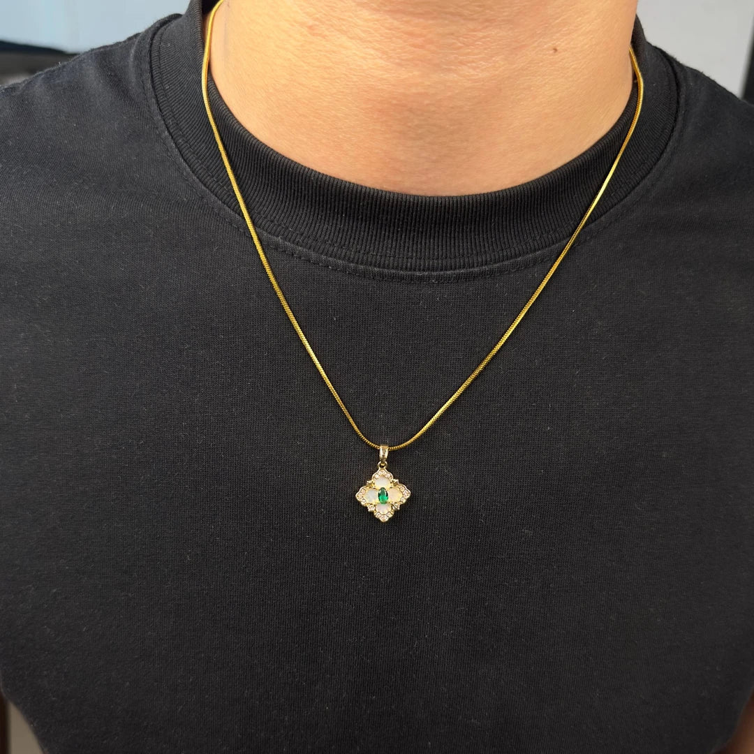 Pavé Clover–Inspired Titanium Necklace Green CZ Inlay · Clean Luxury Statement