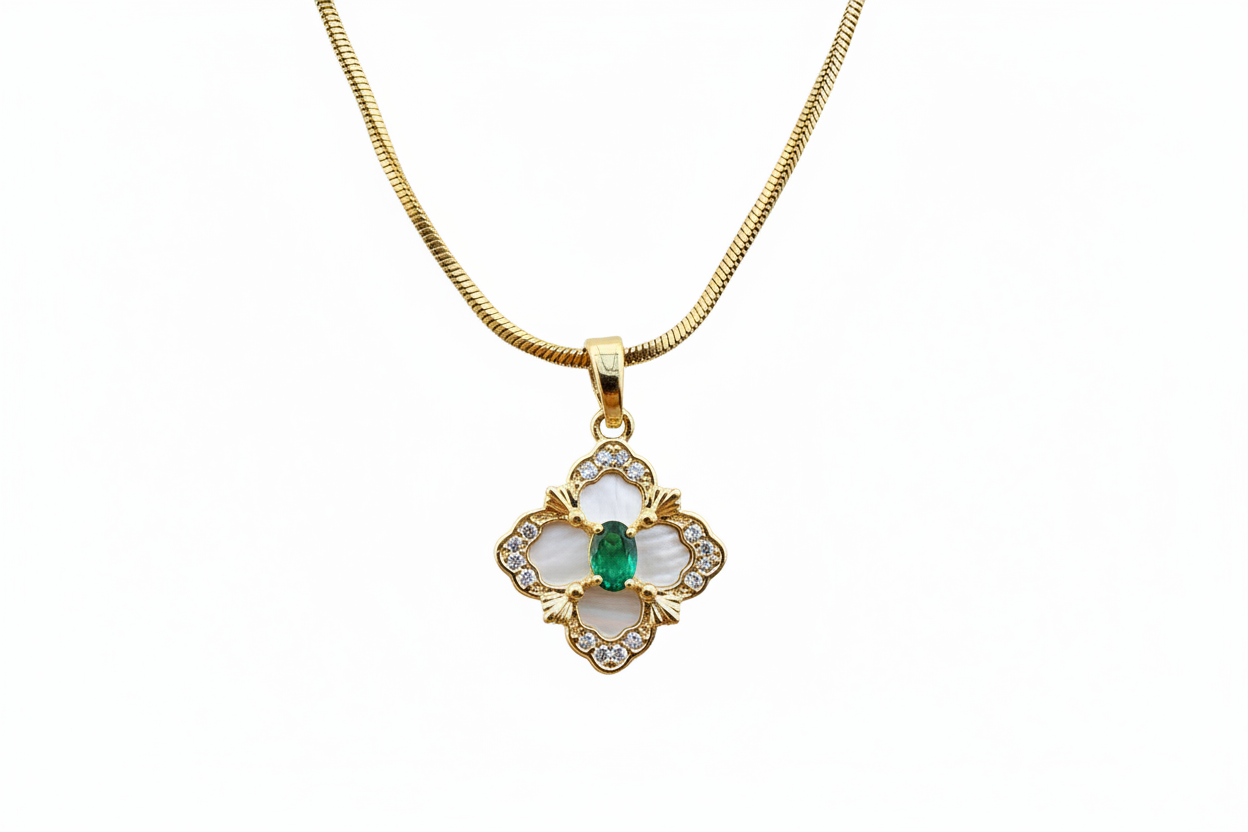 Pavé Clover–Inspired Titanium Necklace Green CZ Inlay · Clean Luxury Statement