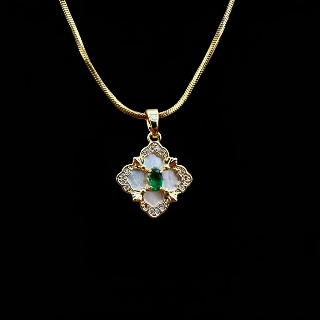Pavé Clover–Inspired Titanium Necklace Green CZ Inlay · Clean Luxury Statement