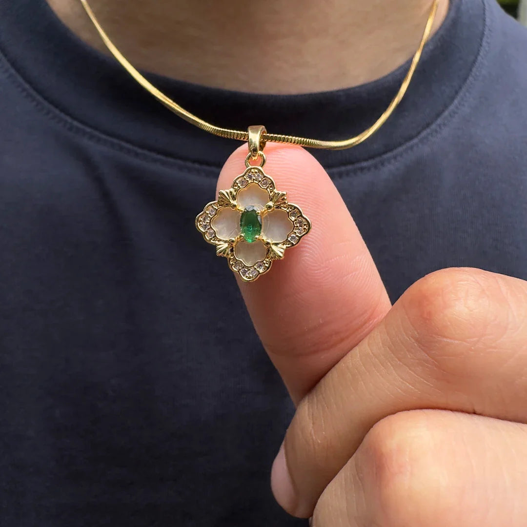 Pavé Clover–Inspired Titanium Necklace Green CZ Inlay · Clean Luxury Statement