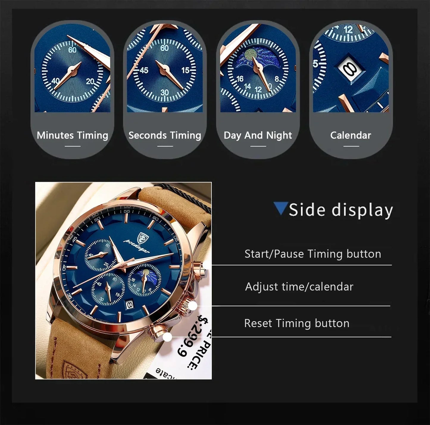 Poedagar ChronoLuxe Sport – luxusní hodinky Quartz s chronografem