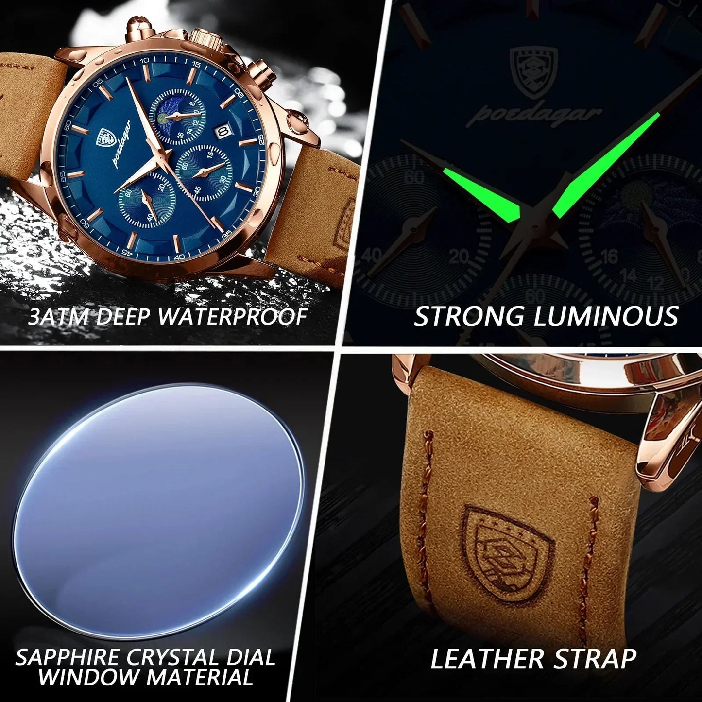 Poedagar ChronoLuxe Sport – luxusní hodinky Quartz s chronografem
